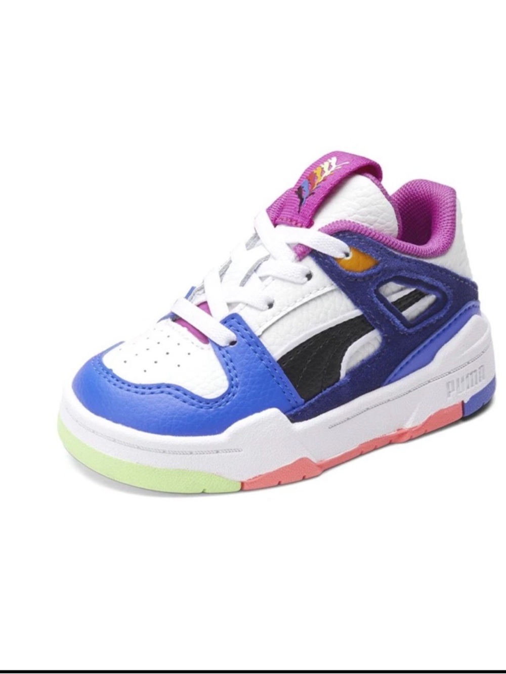 Puma Kids White, Blue & Purple Low-Top Sneaker with Pink and Lime Accents